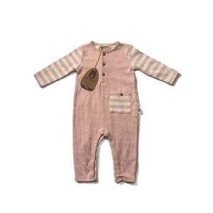 Rabbit + Bear Organic Cotton Pink Striped Henley Long Sleeve Romper 3-6 month